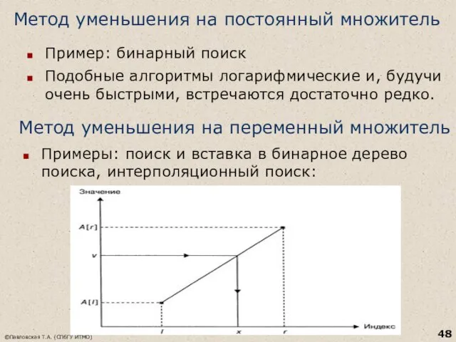 Метод уменьшения на постоянный множитель Пример: бинарный поиск Подобные алгоритмы логарифмические и,