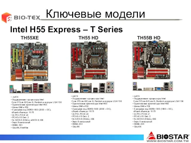 Ключевые модели TH55XE TH55 HD Intel H55 Express – T Series TH55B