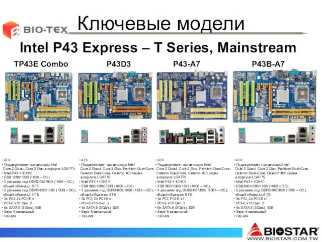 Ключевые модели Intel P43 Express – T Series, Mainstream TP43E Combo P43D3