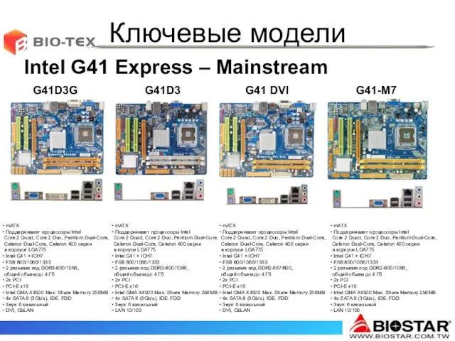 Ключевые модели Intel G41 Express – Mainstream G41D3G G41D3 G41 DVI G41-M7