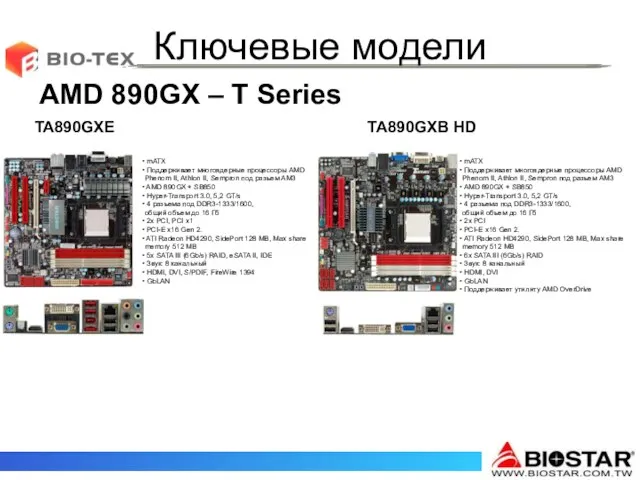 Ключевые модели AMD 890GX – T Series TA890GXE TA890GXB HD mATX Поддерживает