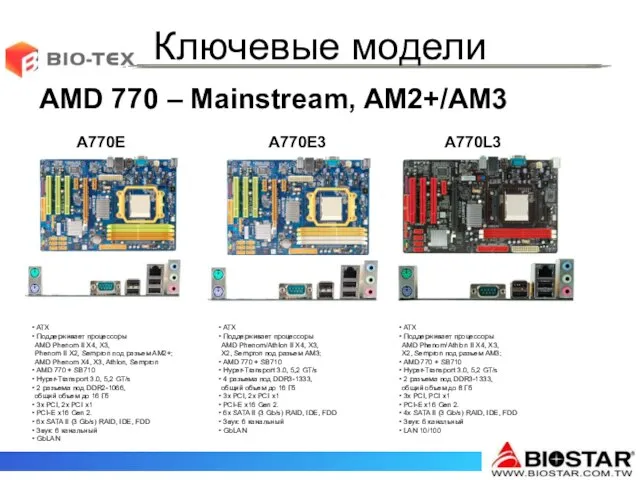 Ключевые модели A770E3 A770E A770L3 ATX Поддерживает процессоры AMD Phenom/Athlon II X4,