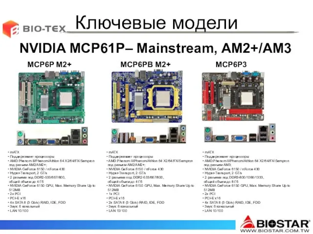 Ключевые модели MCP6PB M2+ MCP6P M2+ MCP6P3 mATX Поддерживает процессоры AMD Phenom