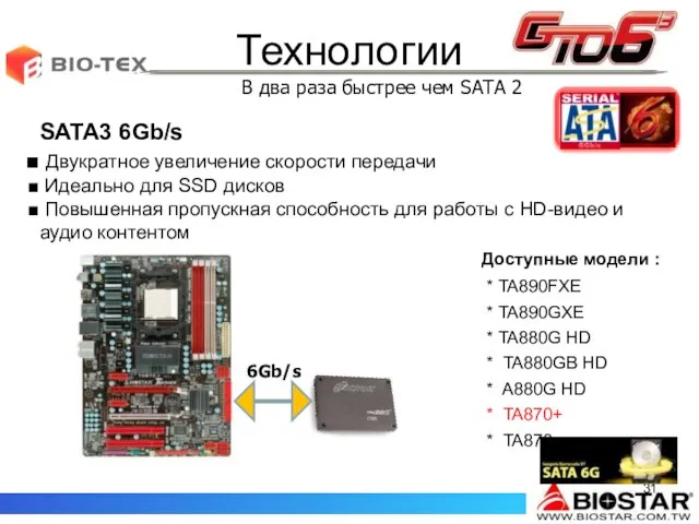 Технологии SATA3 6Gb/s Двукратное увеличение скорости передачи Идеально для SSD дисков Повышенная