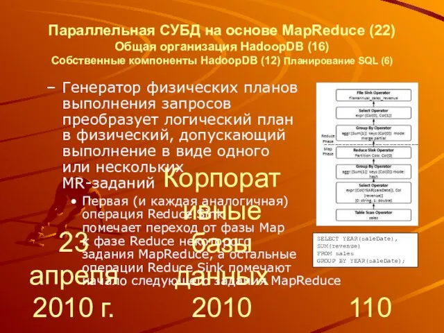 23 апреля 2010 г. Корпоративные базы данных 2010 Параллельная СУБД на основе