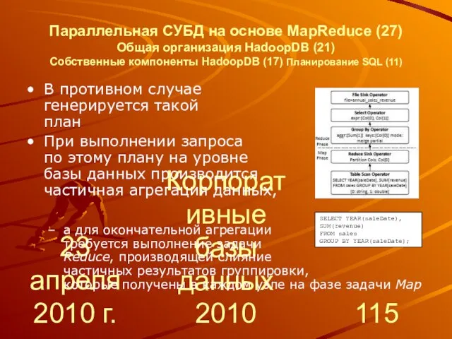 23 апреля 2010 г. Корпоративные базы данных 2010 Параллельная СУБД на основе