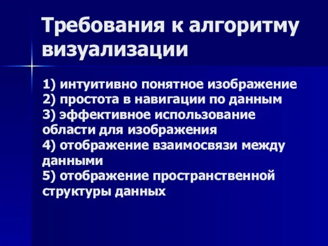 Требования к алгоритму визуализации 1) интуитивно понятное изображение 2) простота в навигации