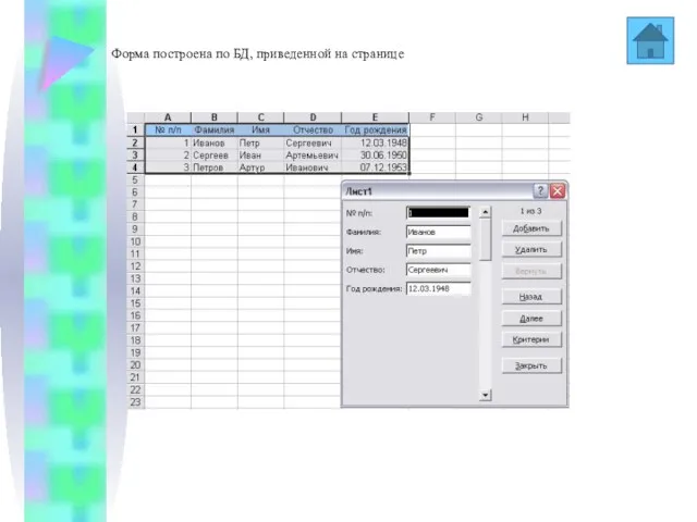 Форма построена по БД, приведенной на странице