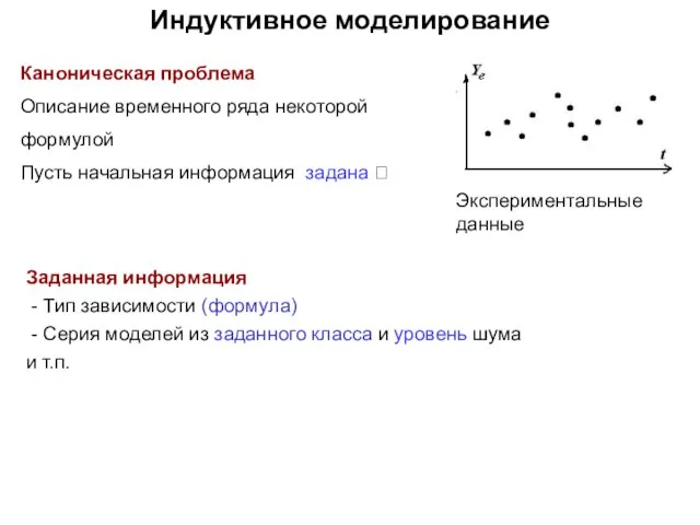 Индуктивное моделирование Каноническая проблема Описание временного ряда некоторой формулой Пусть начальная информация