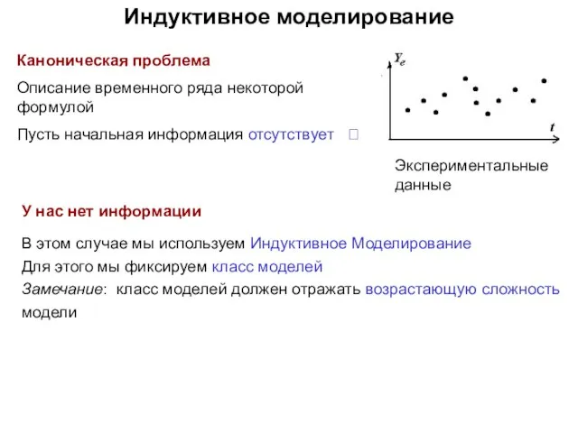 Индуктивное моделирование Каноническая проблема Описание временного ряда некоторой формулой Пусть начальная информация