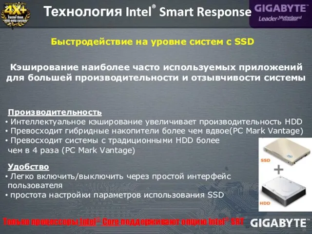 Технология Intel® Smart Response Кэширование наиболее часто используемых приложений для большей производительности