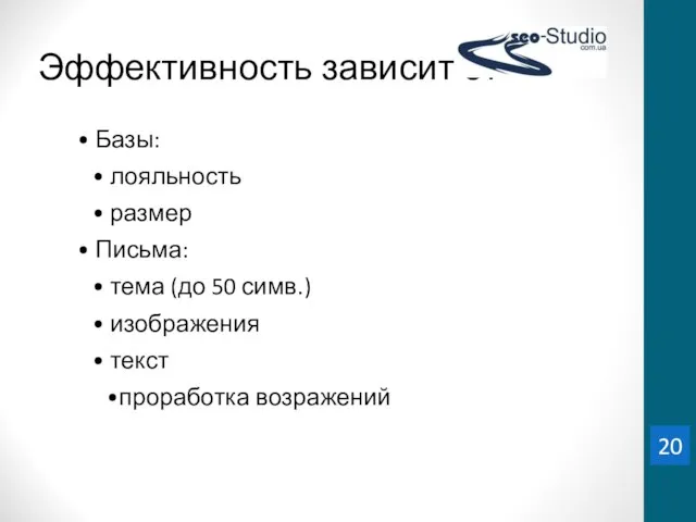 Эффективность зависит от Базы: лояльность размер Письма: тема (до 50 симв.) изображения