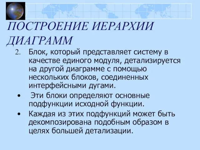 ПОСТРОЕНИЕ ИЕРАРХИИ ДИАГРАММ Блок, который представляет систему в качестве единого модуля, детализируется