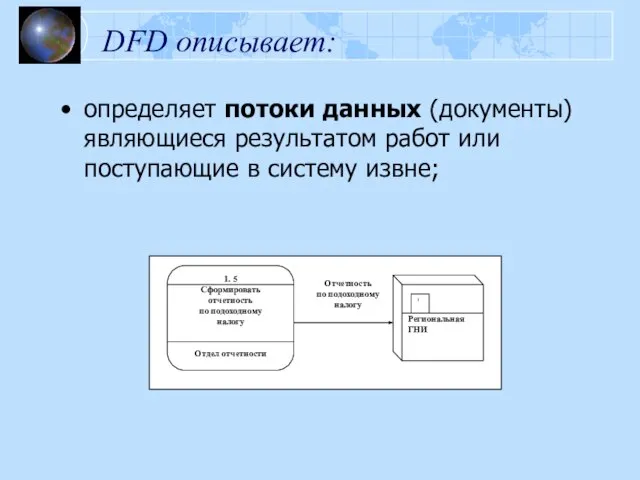 DFD описывает: определяет потоки данных (документы) являющиеся результатом работ или поступающие в систему извне;