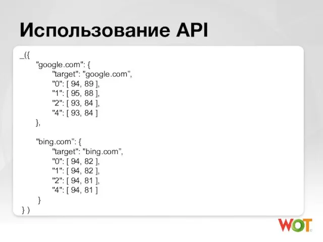 Использование API _({ "google.com": { "target": "google.com”, "0": [ 94, 89 ],