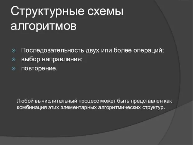 Структурные схемы алгоритмов Последовательность двух или более операций; выбор направления; повторение. Любой