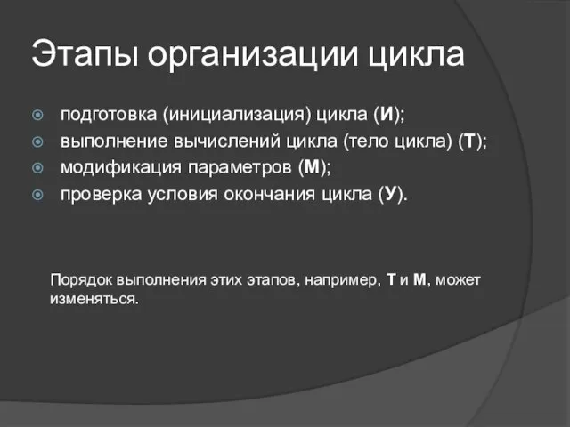 Этапы организации цикла подготовка (инициализация) цикла (И); выполнение вычислений цикла (тело цикла)