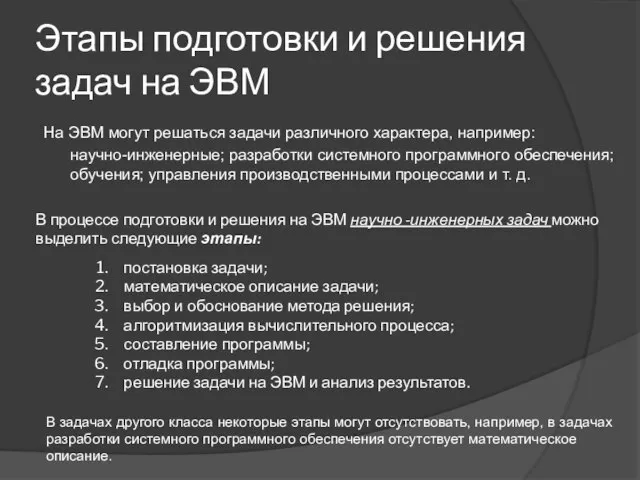 Этапы подготовки и решения задач на ЭВМ На ЭВМ могут решаться задачи