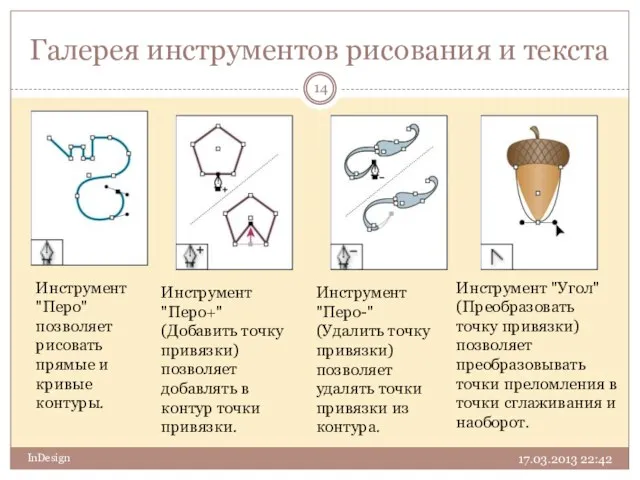 Галерея инструментов рисования и текста Инструмент "Перо" позволяет рисовать прямые и кривые