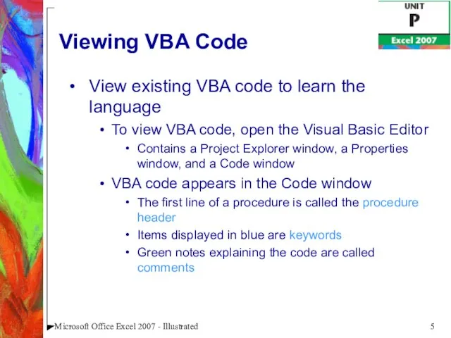 Microsoft Office Excel 2007 - Illustrated Viewing VBA Code View existing VBA