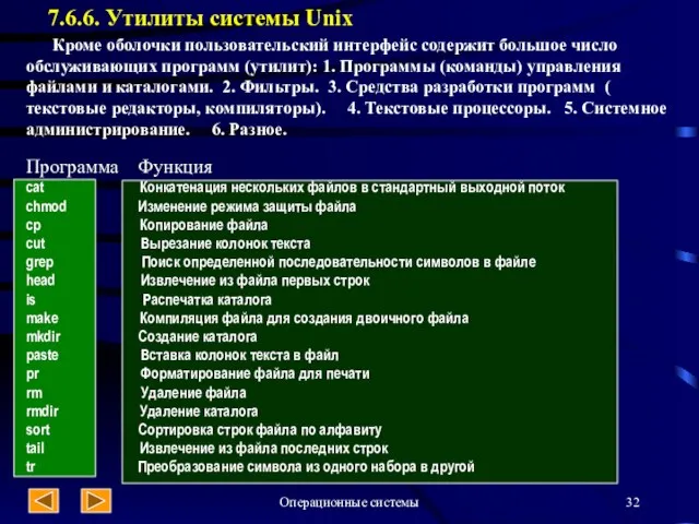 Операционные системы 7.6.6. Утилиты системы Unix Кроме оболочки пользовательский интерфейс содержит большое