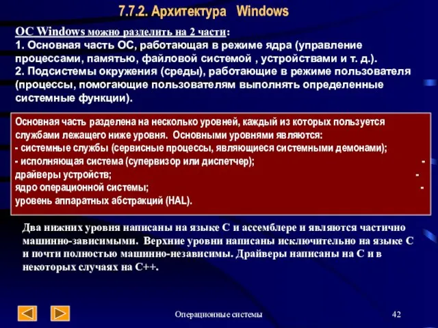 Операционные системы 7.7.2. Архитектура Windows ОС Windows можно разделить на 2 части: