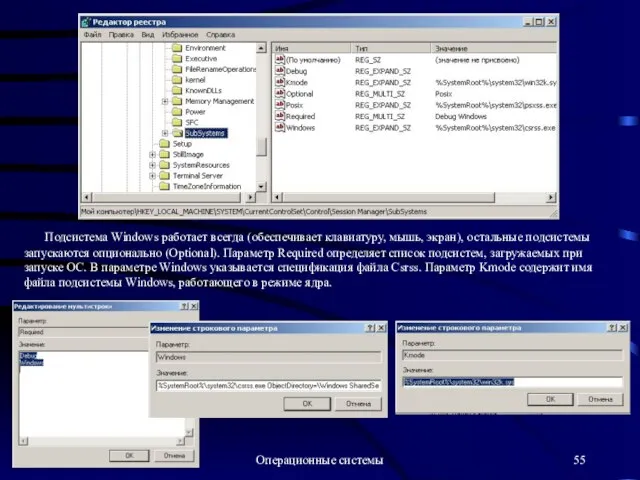 Операционные системы Подсистема Windows работает всегда (обеспечивает клавиатуру, мышь, экран), остальные подсистемы