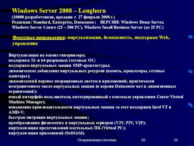 Операционные системы Windows Server 2008 – Longhorn (10000 разработчиков, продажи с 27