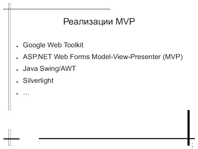 Реализации MVP Google Web Toolkit ASP.NET Web Forms Model-View-Presenter (MVP) Java Swing/AWT Silverlight …