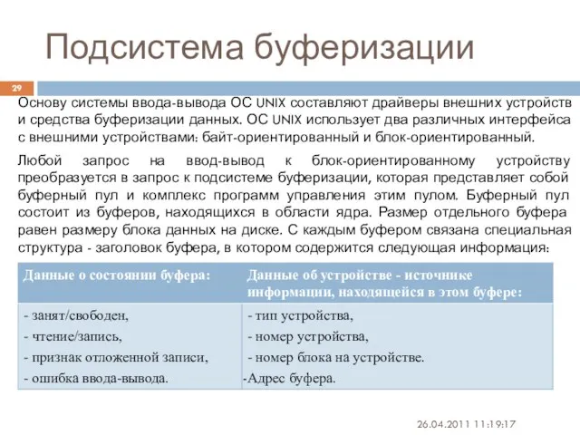 Подсистема буферизации 26.04.2011 11:19:17 Основу системы ввода-вывода ОС UNIX составляют драйверы внешних