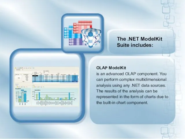 The .NET ModelKit Suite includes: OLAP ModelKit is an advanced OLAP component.