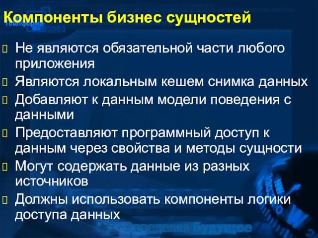 Компоненты бизнес сущностей Не являются обязательной части любого приложения Являются локальным кешем