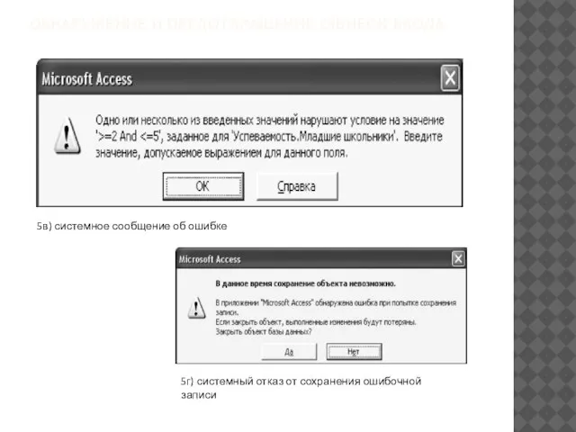 ОБНАРУЖЕНИЕ И ПРЕДОТВРАЩЕНИЕ ОШИБОК ВВОДА 5в) системное сообщение об ошибке 5г) системный
