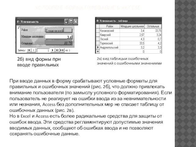 УСЛОВНОЕ ФОРМАТИРОВАНИЕ В ACCESS 2б) вид формы при вводе правильных 2в) вид