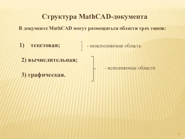 Структура MathCAD-документа В документе MathCAD могут размещаться области трех типов: - исполняемые