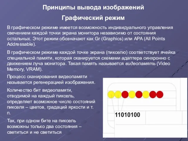 Принципы вывода изображений Графический режим В графическом режиме имеется возможность индивидуального управления