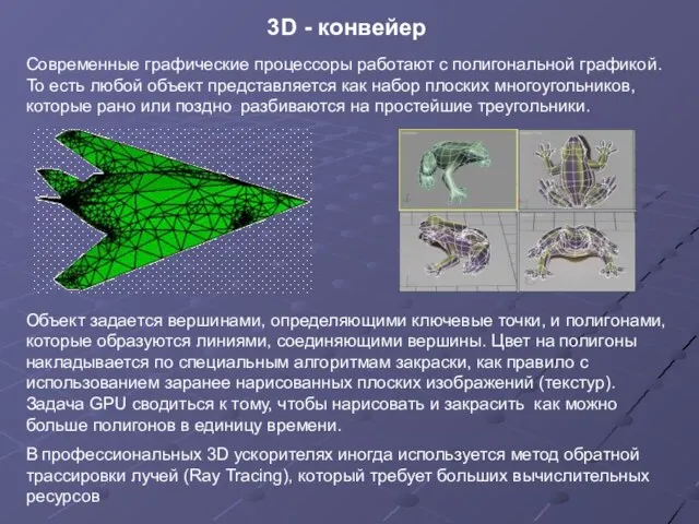 3D - конвейер Современные графические процессоры работают с полигональной графикой. То есть