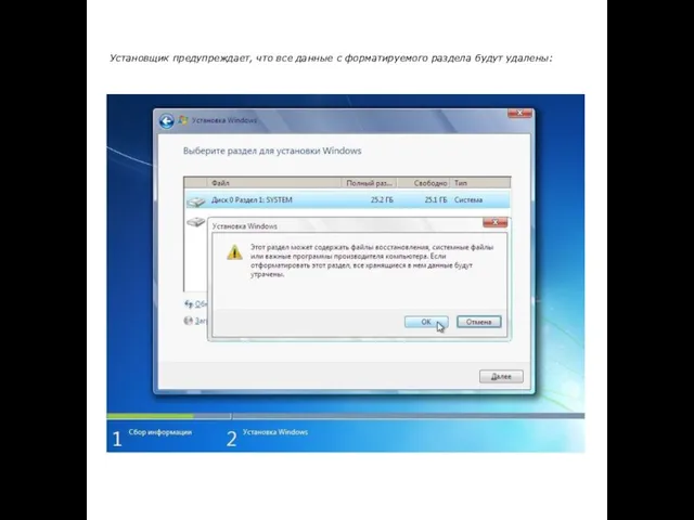 Установщик предупреждает, что все данные с форматируемого раздела будут удалены: