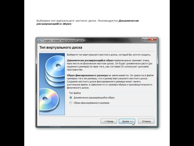 Выбираем тип виртуального жесткого диска. Рекомендуется Динамически расширяющийся образ: