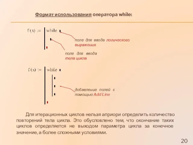 Формат использования оператора while: поле для ввода тела цикла поле для ввода