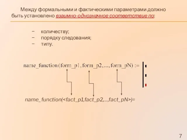 Между формальными и фактическими параметрами должно быть установлено взаимно-однозначное соответствие по: name_function(