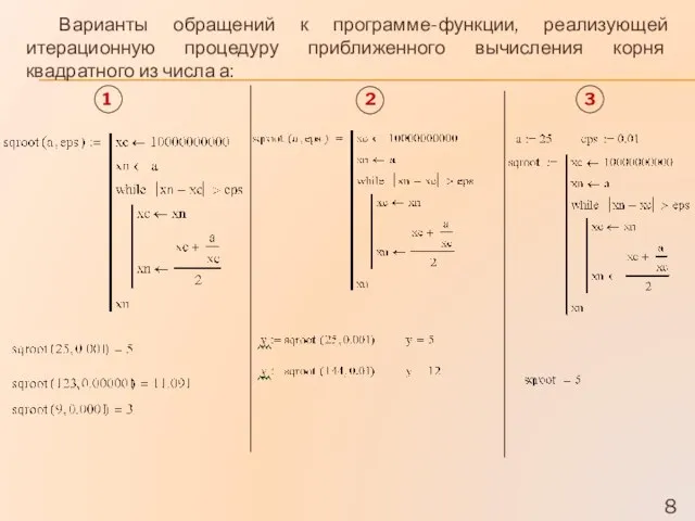 Варианты обращений к программе-функции, реализующей итерационную процедуру приближенного вычисления корня квадратного из