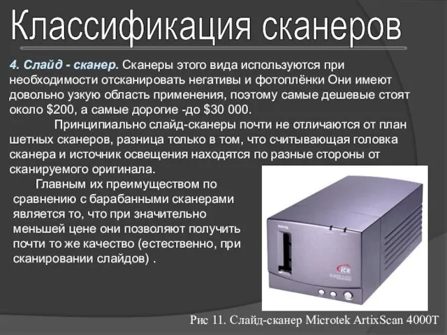 Классификация сканеров 4. Слайд - сканер. Сканеры этого вида используются при необходимости