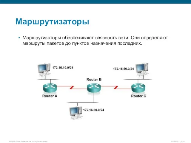 Маршрутизаторы Маршрутизаторы обеспечивают связность сети. Они определяют маршруты пакетов до пунктов назначения последних.