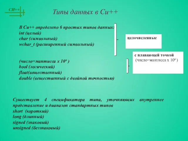 Типы данных в Си++ В Си++ определено 6 простых типов данных: int