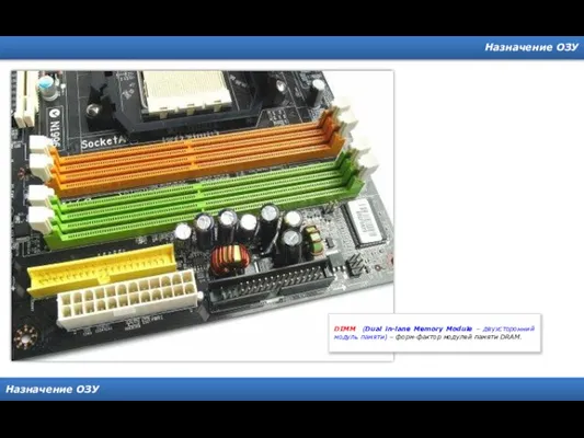 Назначение ОЗУ Назначение ОЗУ DIMM (Dual in-lane Memory Module – двухсторонний модуль