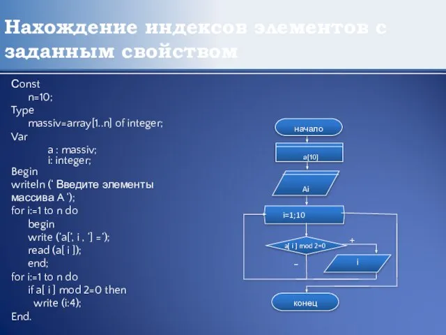 Нахождение индексов элементов с заданным свойством Сonst n=10; Type massiv=array[1..n] of integer;