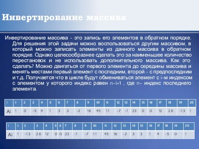 Инвертирование массива Инвертирование массива - это запись его элементов в обратном порядке.