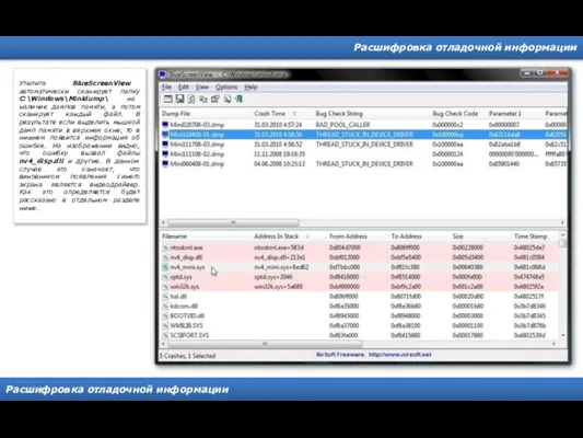 Расшифровка отладочной информации Расшифровка отладочной информации Утилита BlueScreenView автоматически сканирует папку C:\Windows\Minidump\