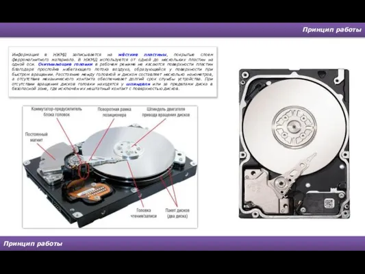 Принцип работы Принцип работы Информация в НЖМД записывается на жёсткие пластины, покрытые
